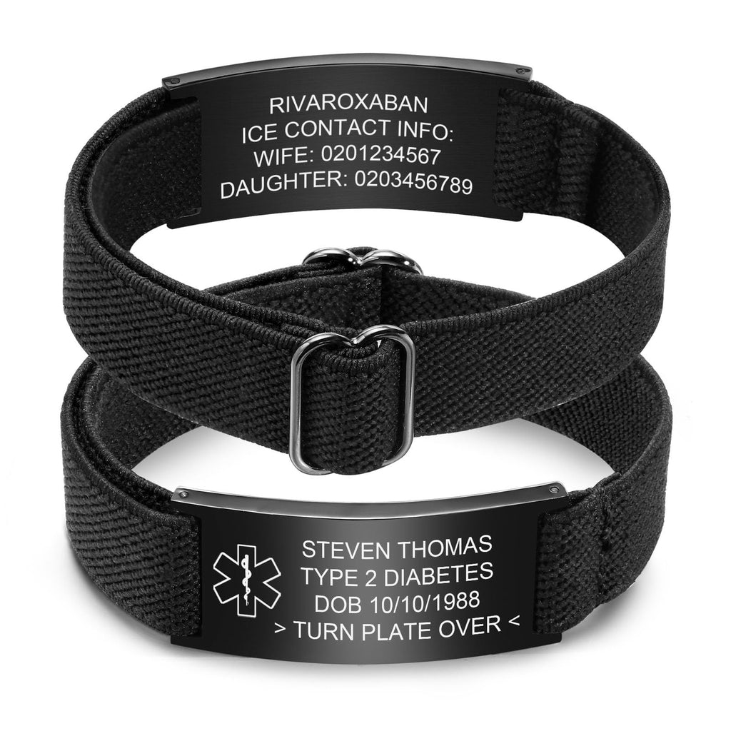 Personalized Medical Alert Bracelet for Men - Customized Elastic Strap Stainless Steel Bracelets Engraved Medic Info, Emergency Awareness Medic ID Bracelet for Allergy Diabetic Asthma Epilepsy