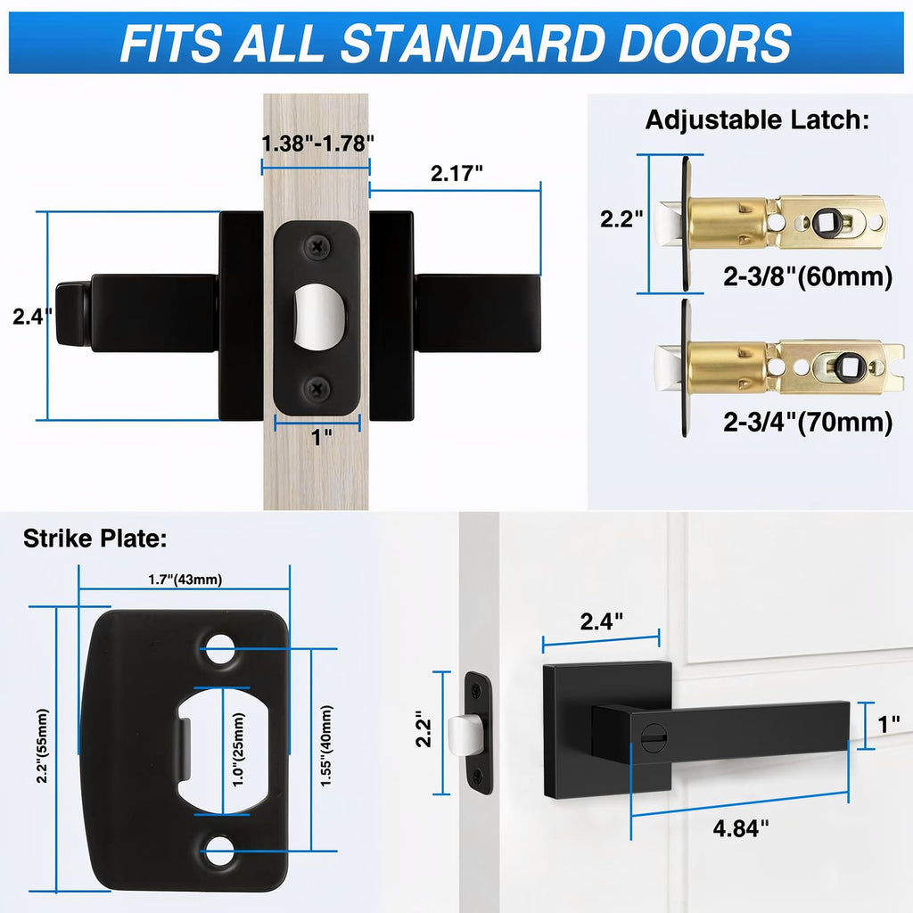 Plustool 1 Pack Matte Black Door Handles, Keyless Interior Door Knobs, Privacy Door Lever Locksets for Bedroom Bathroom, Heavy Duty Square Door Lock, Reversible for Left&Right Handled Doors