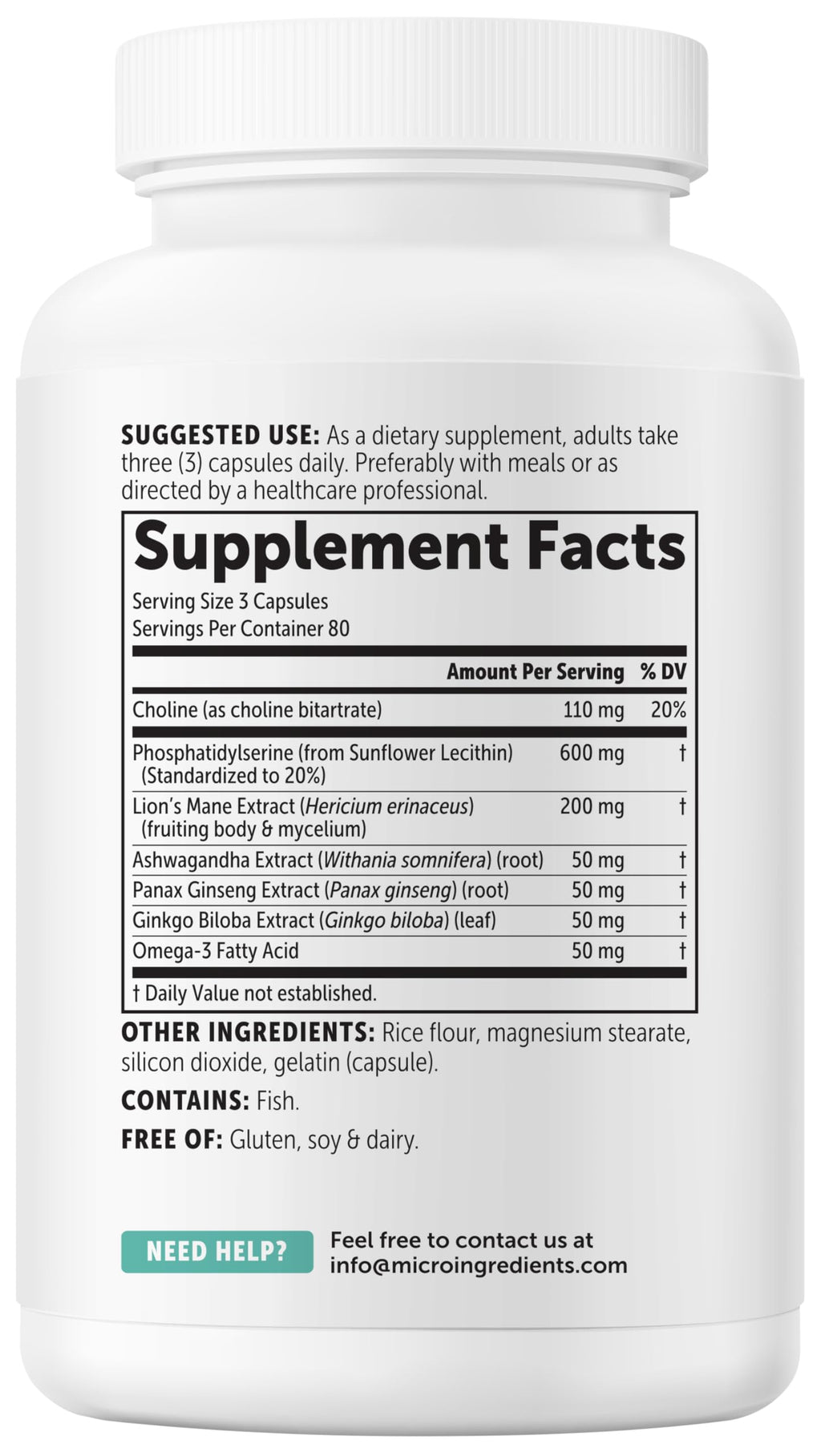 Micro Ingredients Phosphatidylserine 600 mg Per Serving, 240 Capsules | Soy Free Phosphatidylserine Supplement with Choline, Lion’s Mane, Ginkgo & Omega-3 | Non-GMO, Gluten Free