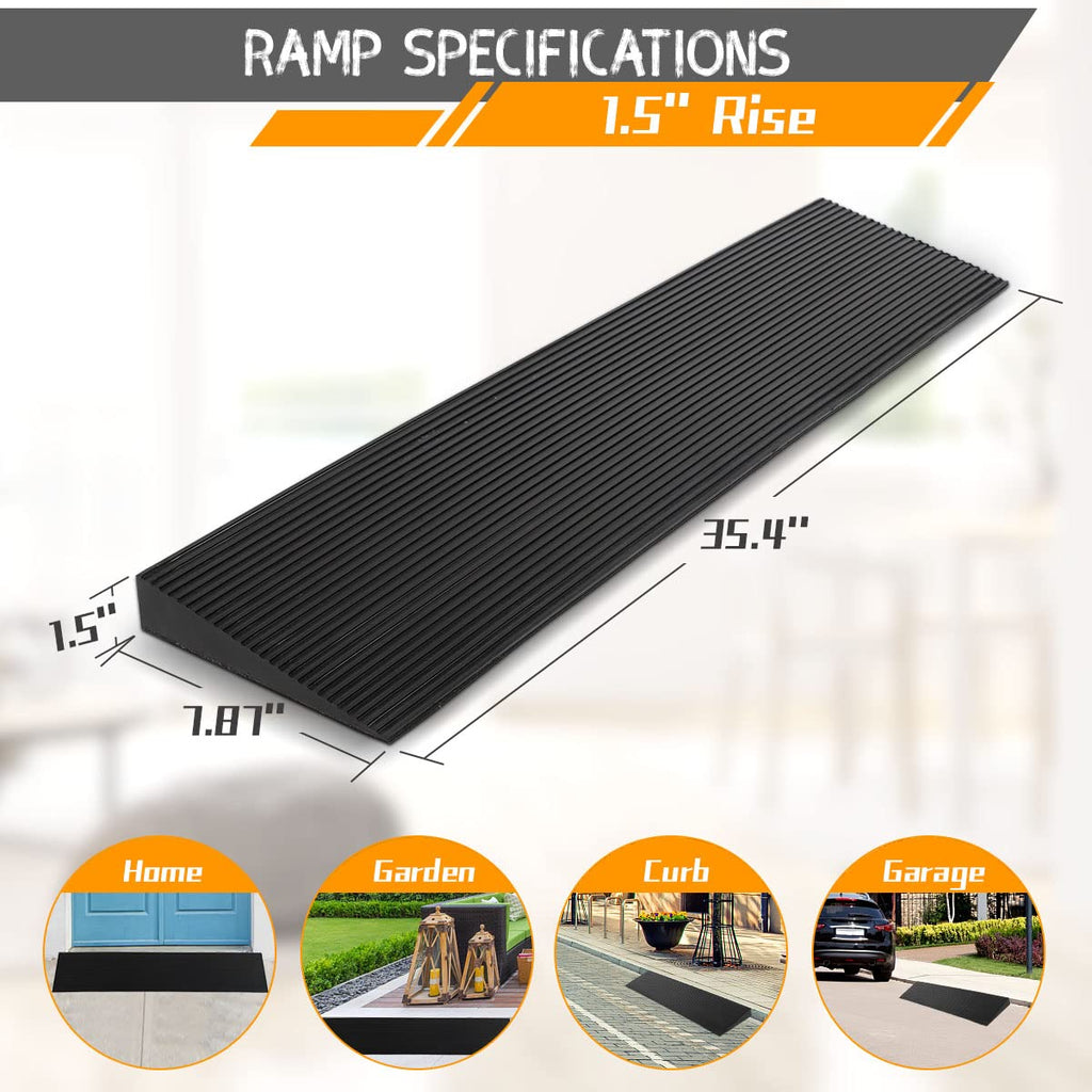 BeckTour 1.5'' Rise Threshold Ramp for Doorways, 2204 LBS Capacity Rubber Threshold Ramp, Non-Slip Driveway Curb Ramps Handicap Ramp for Wheelchair Scooter Stroller, Cuttable & Adjustable Size