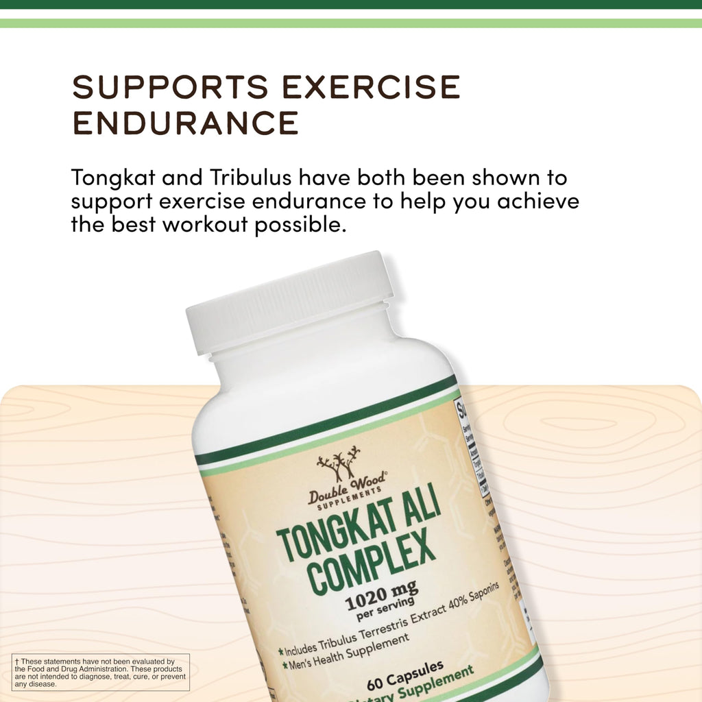 Tongkat Ali Extract 200 to 1 for Men (Longjack) Eurycoma Longifolia, 1000mg per Serving, 60 Capsules - Men's Health Support with 20mg Tribulus Terrestris (Third Party Tested) by Double Wood