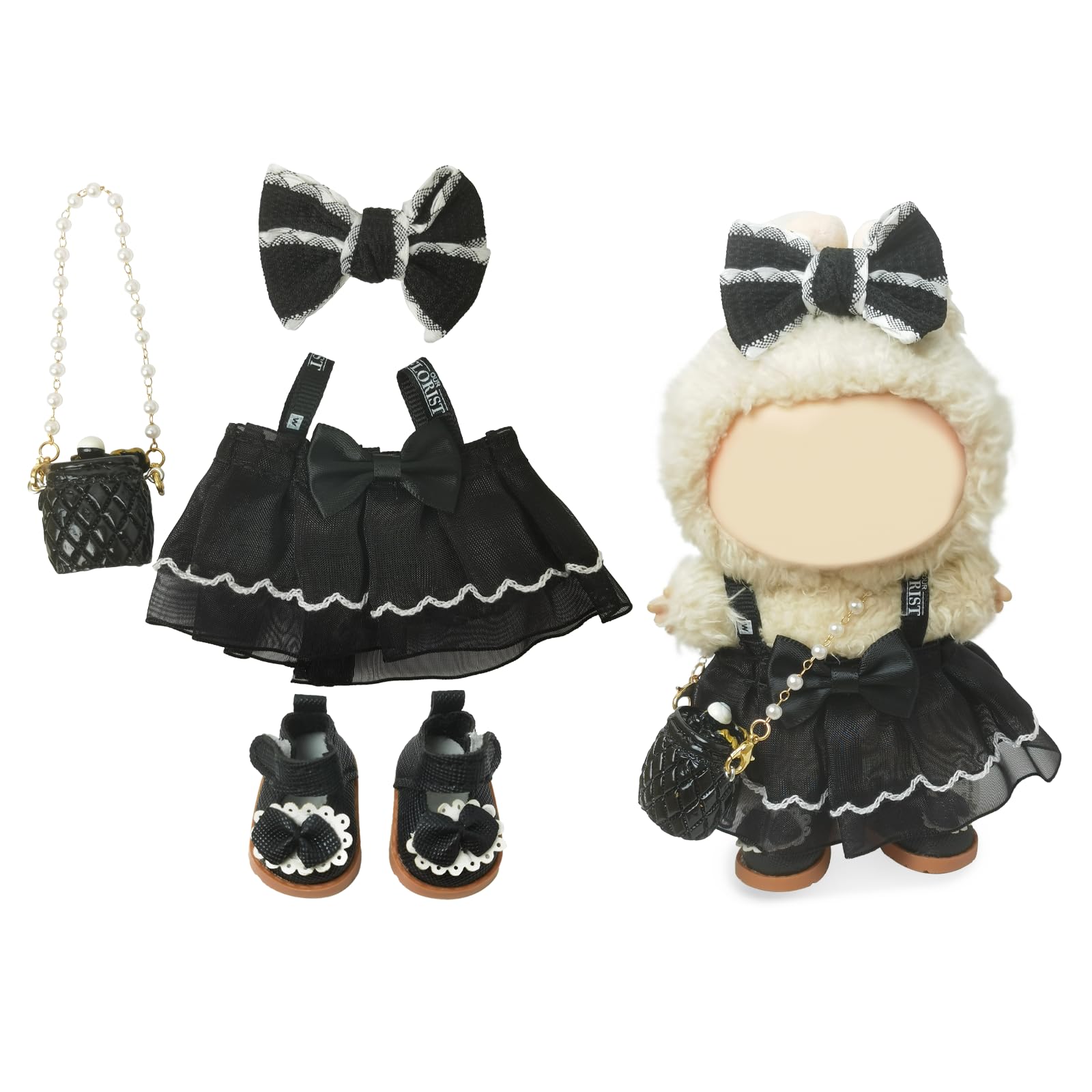 Clothes Compatible with LABUBU Doll – 4PCS Black Classic Dress Set, 17cm Doll Clothes Designer Outfit for Balletcore Elegance Theme, Chic Stylish Accessories for Labubu, No Doll (Black Swan Belle)