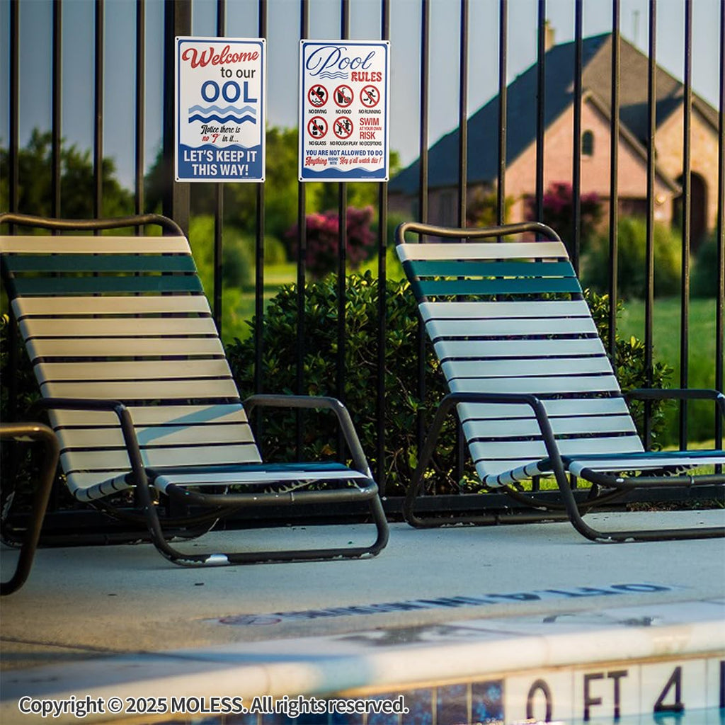 MOLESS 2 Pack Pool Signs – 12x8 Inch Welcome To Our Ool & Funny Pool Rules Sign Safety, Durable 0.040 Aluminum, Easy to Mount, PSP-2401