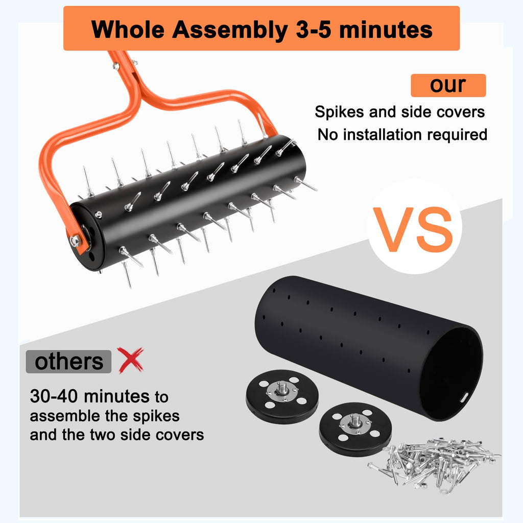 Senjoys 21" Rolling Lawn Aerator, 45 Preassembled Spikes, Only Needs 3-5 Minutes to Assemble, No Looseness, Good Package, 75" Long Handle with Quick Clip Connections, U-Shape Construction - Orange.