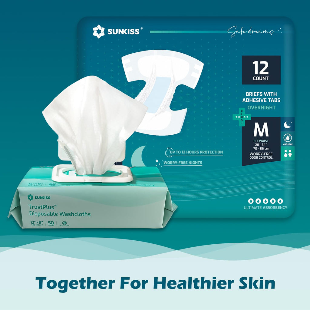 SUNKISS TrustPlus Unisex Adult Diapers, Medium, 12 Count - Heavy Absorbency, Leak Protection, Advanced Odor Control, Extra Soft, Wetness Indicator