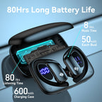 bmani Ear Buds Wireless Earbuds Bluetooth Headphones with 80H Playtime LED Display Case, Over-Ear Hook with Mic, Stereo Sound, Easy Button Controls, Sports Earphones for Running Workout Gym Black