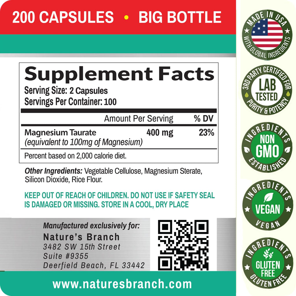 Magnesium Taurate 400mg | High Absorption | 200 Capsules for Sleep, Heart Health, Calm, Joint Supplement for Women and Men | Pure Elemental Mag Powder Plus Taurine - Extra Strength Pills