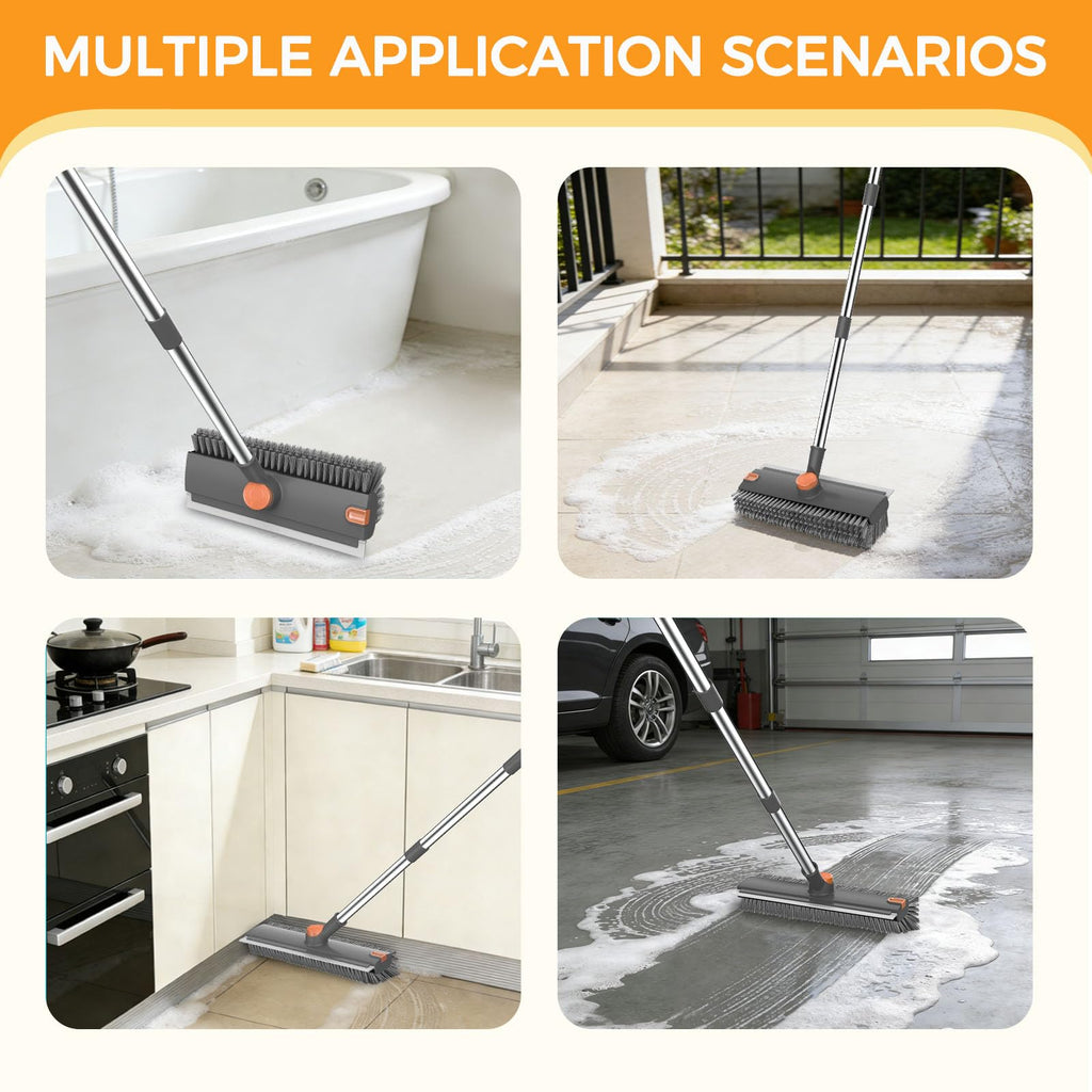 SetSail Floor Scrub Brush, 3 in 1 Floor Scrub Brush with 54-in Adjustable Long Handle and Scraper Heavy Duty Stiff Bristle Floor Scrubber for Cleaning Shower Bathroom Kitchen Patio Garage, Grey&Orange