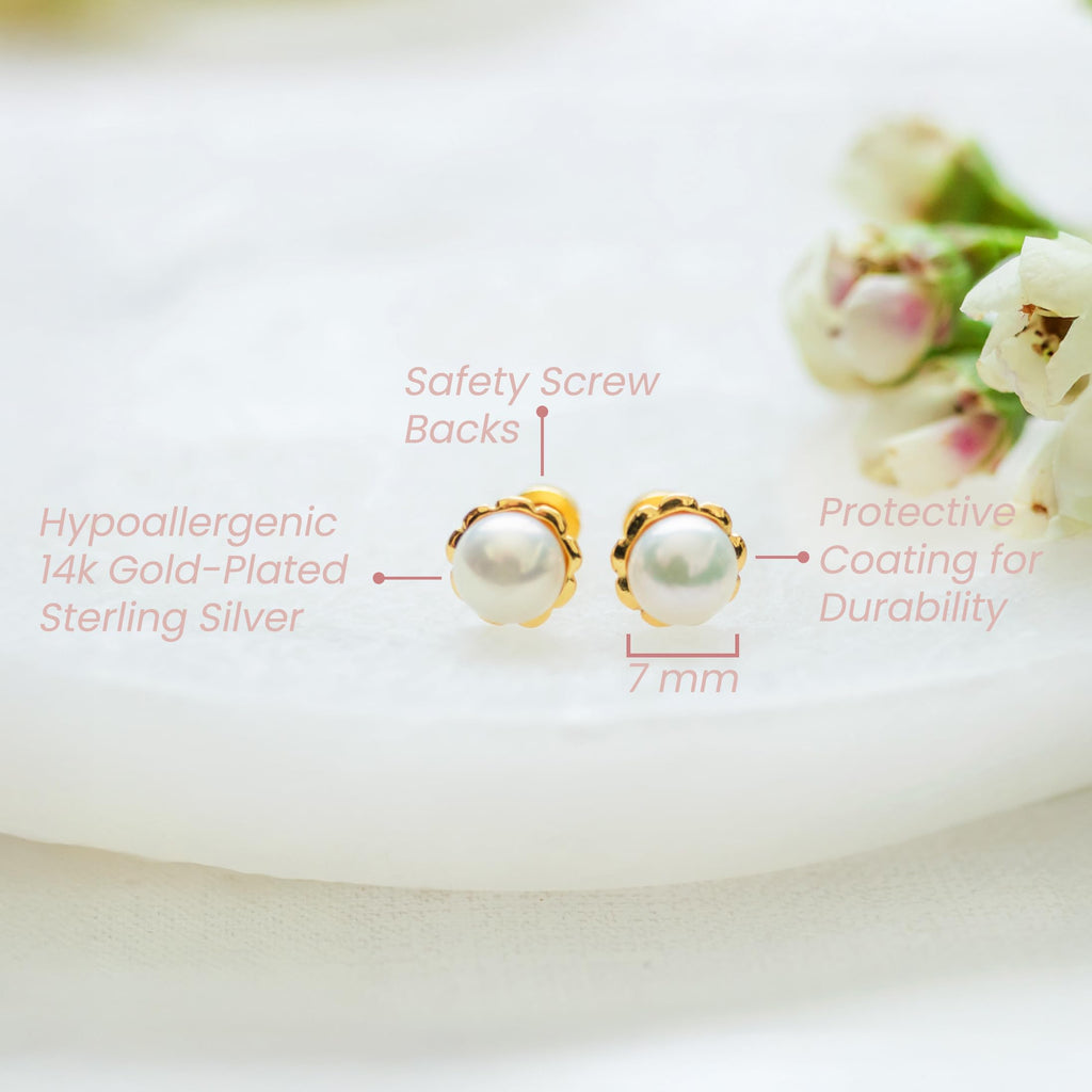 Cherished Moments Children's Pearl Scallop Earrings, 14K Gold-Plated