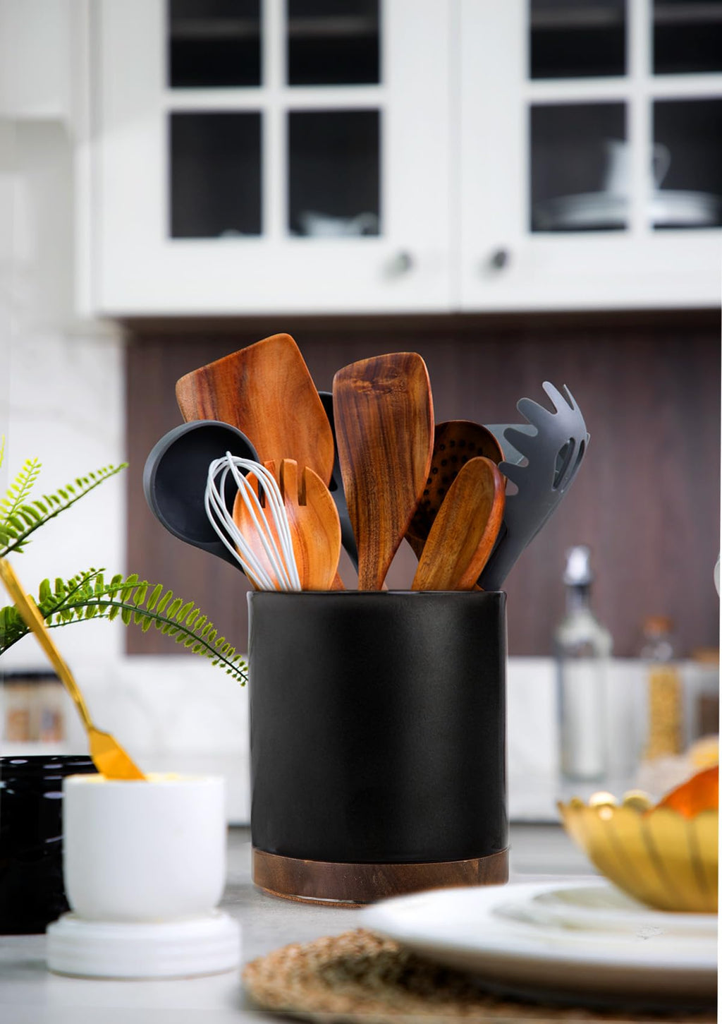 Ceramic Rotating Kitchen Utensil Holder for Countertop, 7.2'' Stone Black