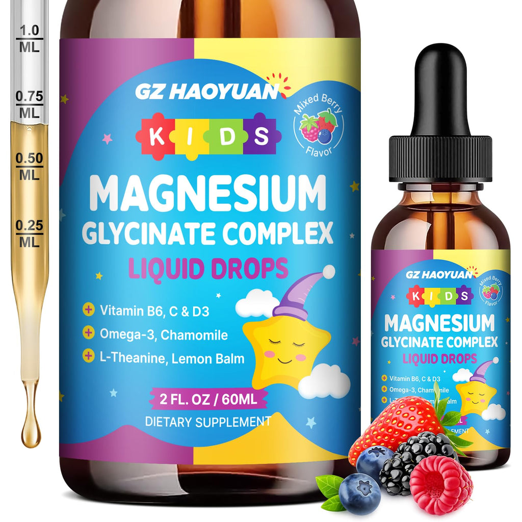 Kids Magnesium Glycinate Liquid Drops‌ – with L-Theanine, Omega-3, Vitamins B6 & D3, Zinc & Calcium – for Sleep Support, Relaxation, Focus & Brain, Bones – Mixed Berry Flavor, 2 Fl Oz