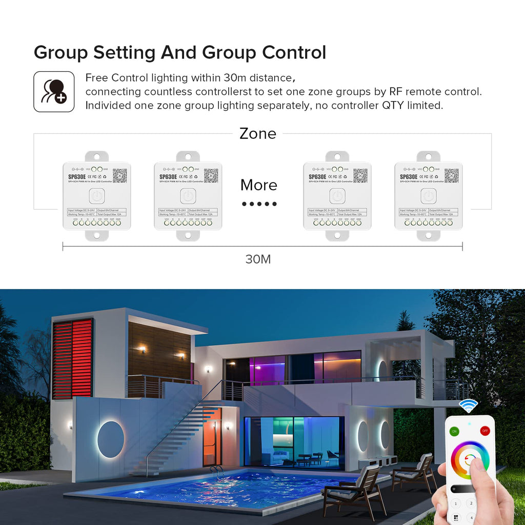 BTF-LIGHTING SP630E Bluetooth Controllers 4 Zones 2.4GHz RF RB4 Remote Kit Support FCOB COB SMD PWM RGBCCT RGBWW LED Strip DC5V DC12V DC24V