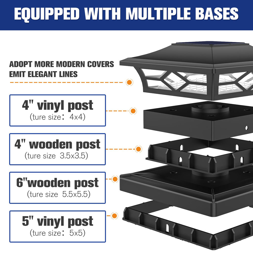 VOLISUN Solar Post Cap Lights: 2 - Pack Outdoor Deck Post Cap Lights Black for Dock Fence Waterproof 2 Color Modes,4x4/6x6 Wooden/Vinyl Posts