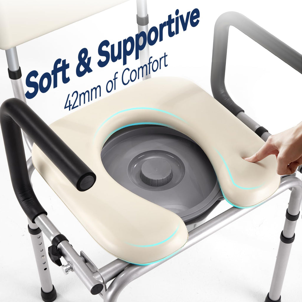 HolyHeal Drop Arm Bedside Commode, Commode Toilet with Padded Seat and Backrest, 400lbs Capacity, 6.3QT Removable Bucket and Splash Guard, Adjustable Height Portable Toilet for Adults, Beige