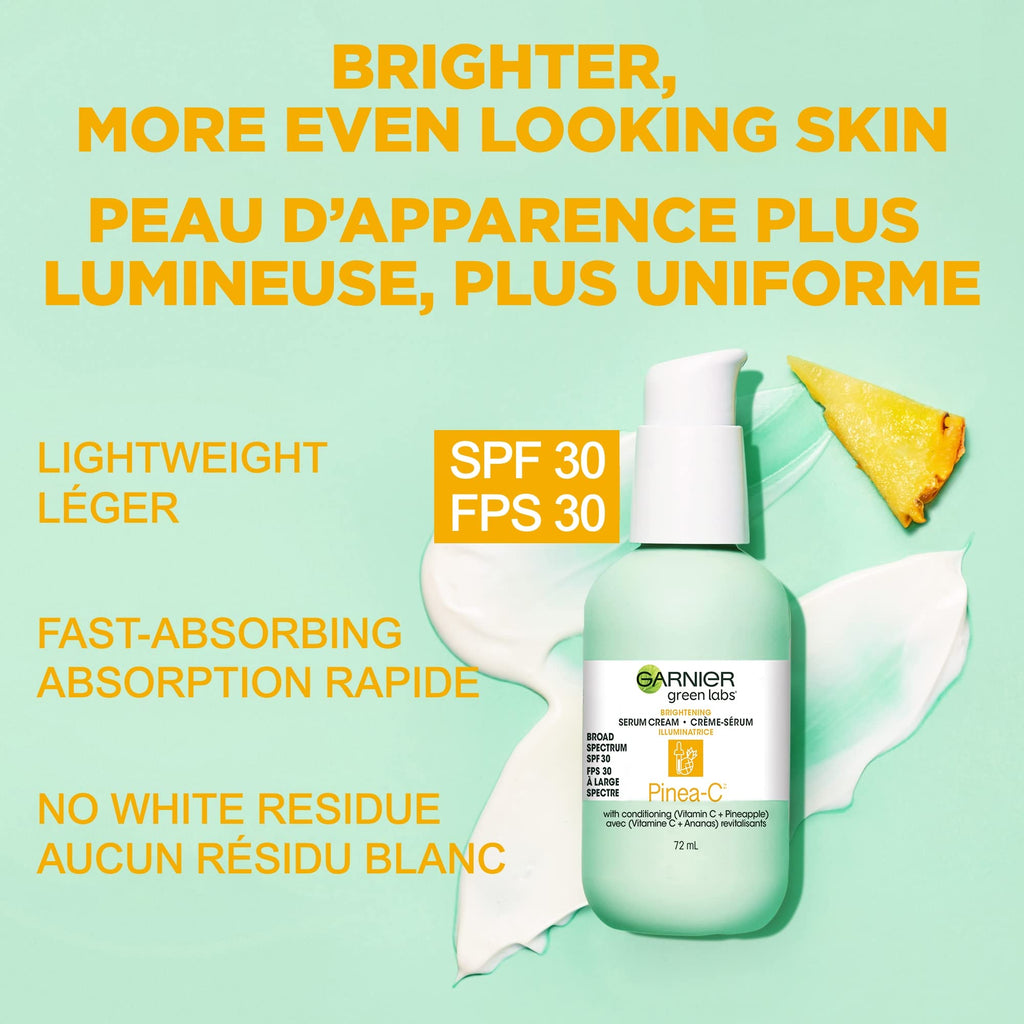 Garnier Green Labs Pinea-C 3-in-1 Brightening Serum Cream, 24H Moisture + Serum + SPF 30 with Vitamin C, 2.4 Fl Oz (72mL), 1 Count (Packaging May Vary)