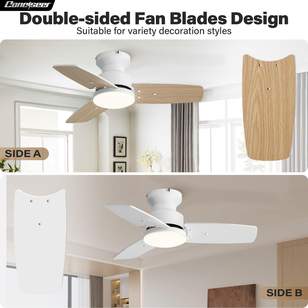 Conciseer 30 Inch Ceiling Fans with Lights and Remote, Bedroom Living Room Office, Flush Mount, 6CCT Dimmable, Dual Color 3 Blades, 6 Speed Reversible Quiet DC Motor, White/Wood Grain, 2 Pack