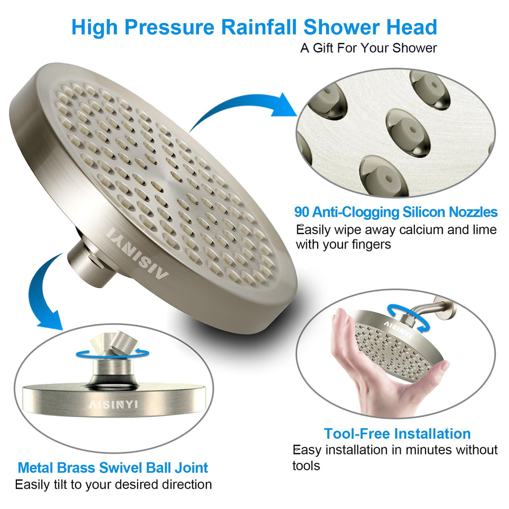 AISINYI High Pressure Rainfall Shower Head, 6 Inches Luxury Showerhead with Perfect Adjustable Replacement, Removable Restrictor, Easy Installation for Your Bathroom Shower Heads (Brushed Nickel)