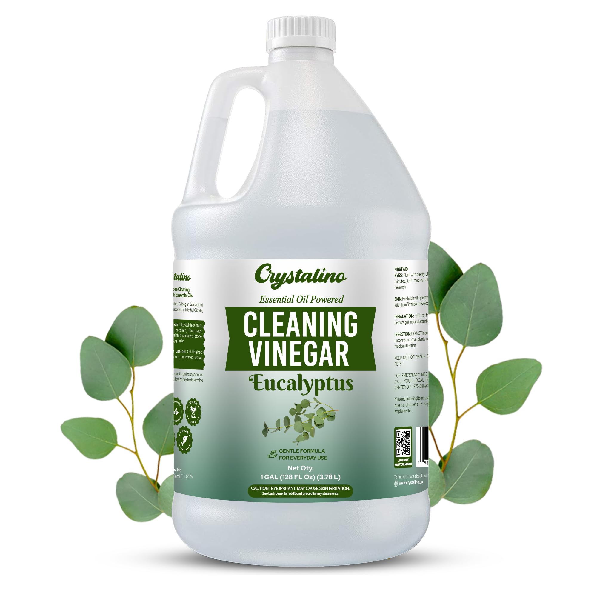Crystalino 6% Cleaning Vinegar Cleaner (1 Gallon) Eucalyptus Essential Oil Powered for Home, White Industrial Vinegar for Cleaning Purpose and Laundry, Vinager, Vinagre Blanco de Limpieza, Vinger