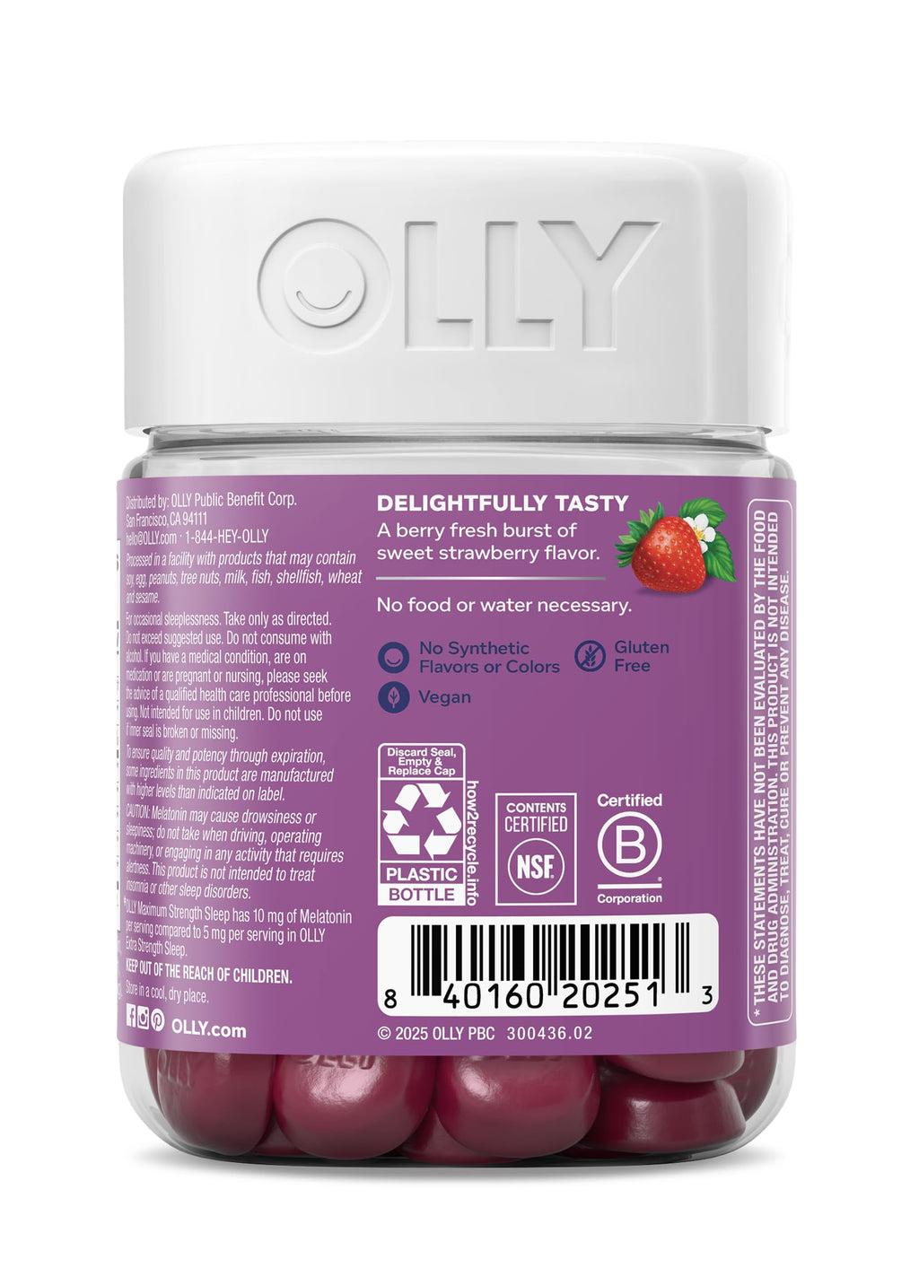 OLLY Max Strength Sleep Gummy, 10mg Melatonin, L-Theanine, Chamomile, Lemon Balm, Sugar Free, Vegetarian Sleep Aid, Strawberry - 50 Count
