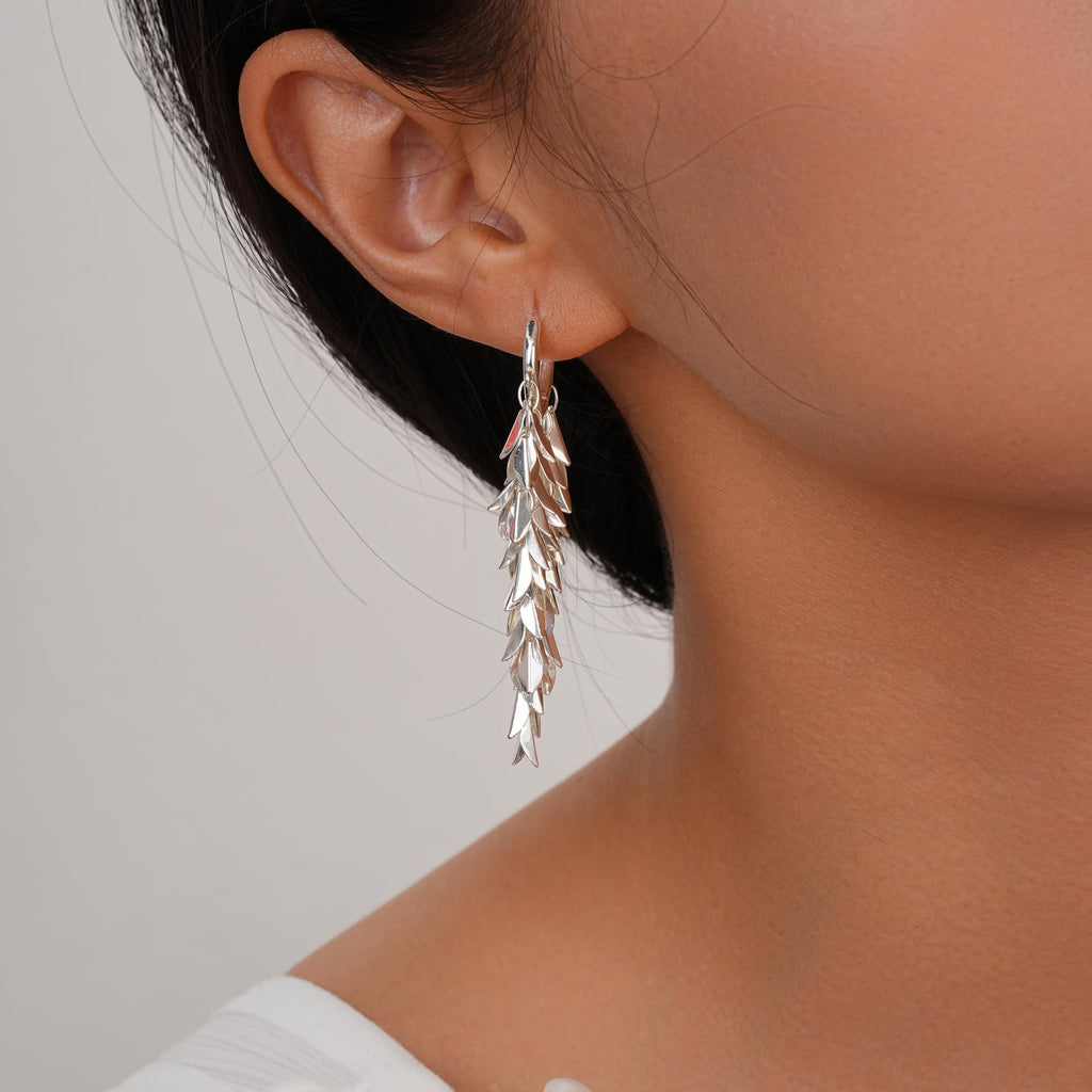 Sylph Silver Chandelier Earring for Women Copper, Long Tassel Dangle Drop Earrings, Leaf Huggie Earring Bohemian Jewelry Gifts for Everyday Wear