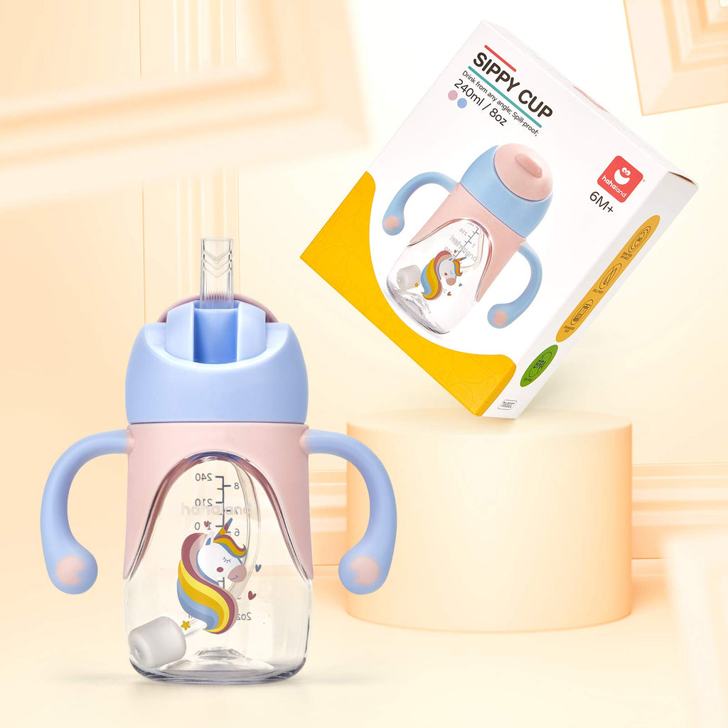 hahaland Sippy Cups for Toddlers 1-3 2-in-1 Unicorn Spout & Straw Sippy Cup