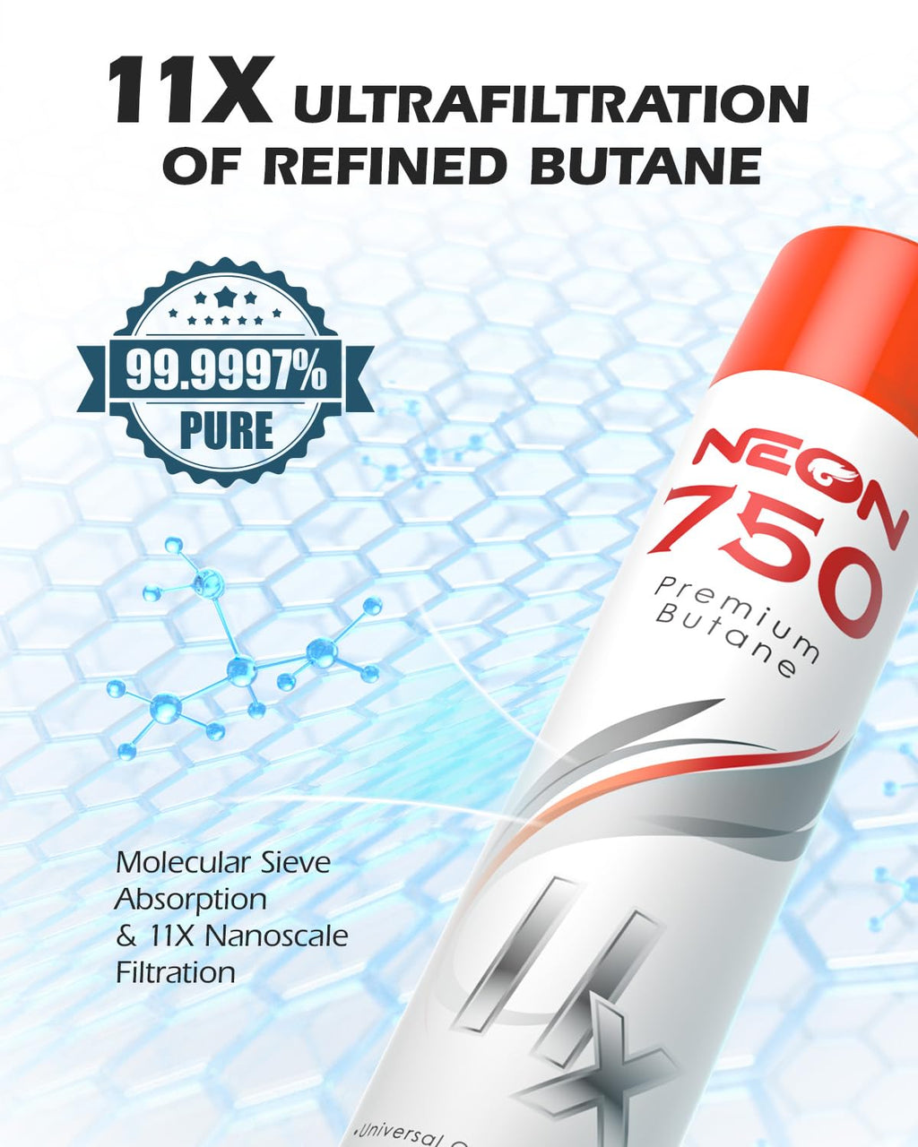 NEON Butane Fuel 750ml, 11X Ultra Refined 0 Impurities Butane Refill, Premium Universal Lighter Fluid with Metal Nozzle and 3 Butane Gas Refill Adapters for Refillable Lighters and Torches, 1 Can