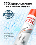 NEON Butane Fuel 750ml, 11X Ultra Refined 0 Impurities Butane Refill, Premium Universal Lighter Fluid with Metal Nozzle and 3 Butane Gas Refill Adapters for Refillable Lighters and Torches, 1 Can