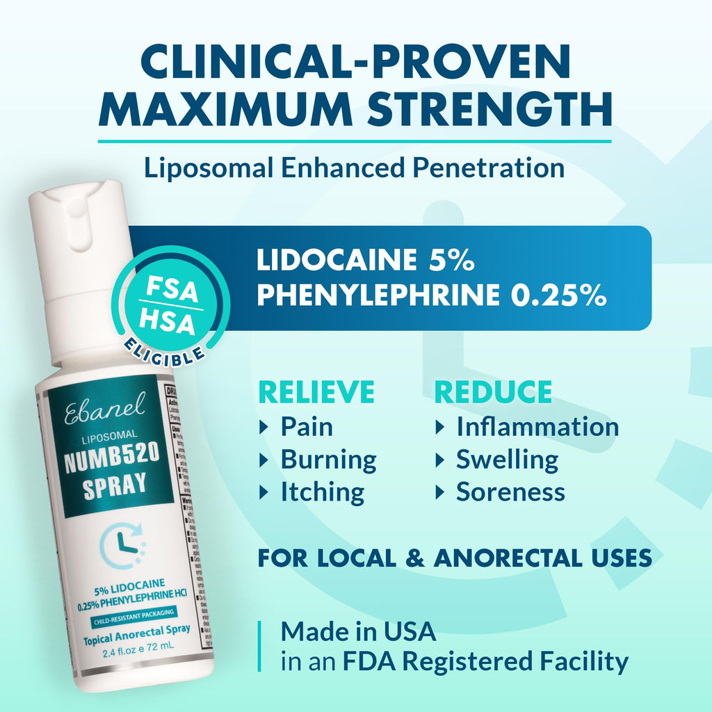Ebanel 6-Pack 5% Lidocaine Spray Pain Relief Numb520 Burn Itch Relief Numbing Spray for Skin, Topical Anesthetic Postpartum Hemorrhoid Treatment with Phenylephrine for Local and Anorectal Uses