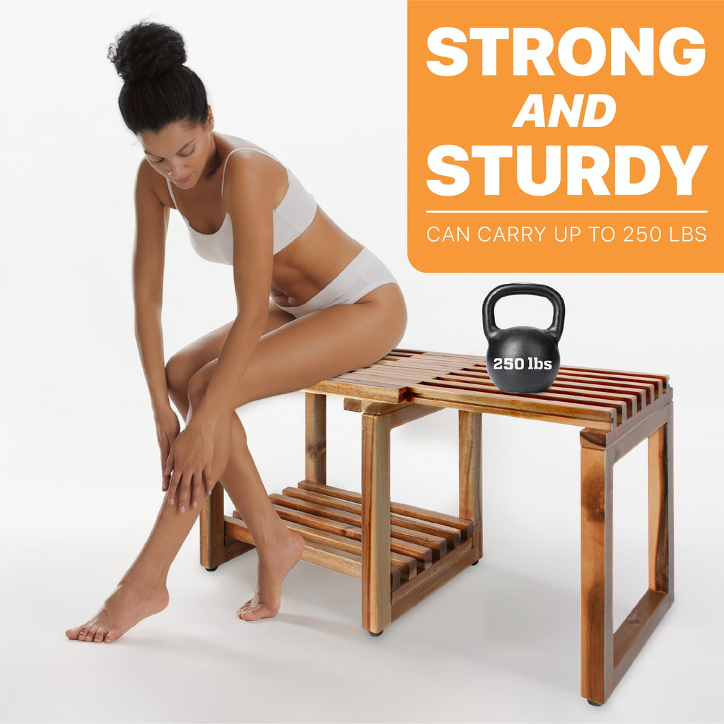 Adjustable Length 29 Inches Shower Stool Bench Chair Waterproof with Storage Shelf for Shaving Legs, Spa, Bath Seat in Bathroom, Inside Shower for Adults Seniors Elderly (Small 29 in)