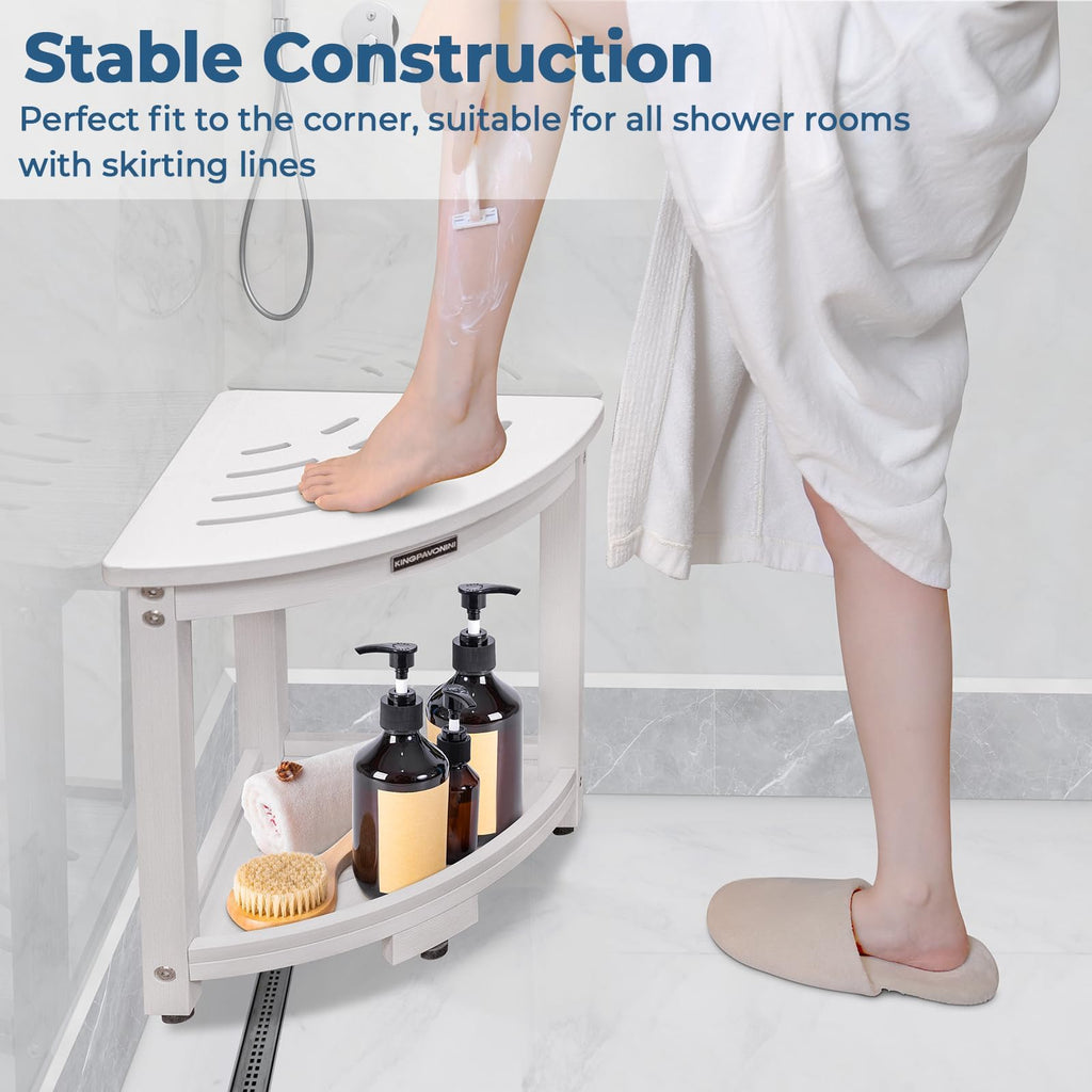 KingPavonini Waterproof Corner Shower Stool for Inside Shower, Anti-Fading Shower Bench for Shaving Legs, HDPS Anti-Fracture Shower Seat with Storage Shelf, Rapid Assembly, Load 400 Pounds