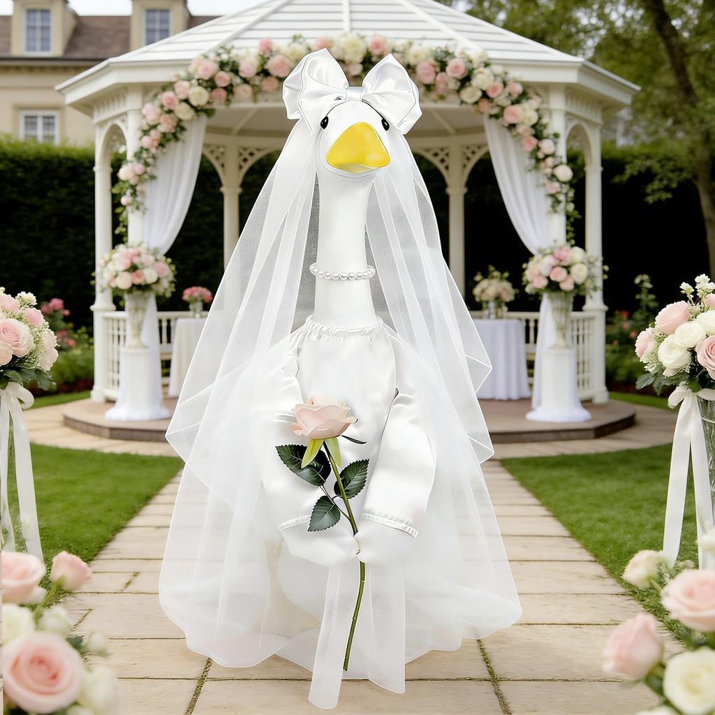 Bride Porch Goose Outfit, 3 Pcs Wedding Goose Clothes with Bow Headband, Pearl Necklace & Rose Dress, Cute Bridal Goose Costume Fits 23 Inch Lawn Statue for Yard Patio Garden Wedding Decor