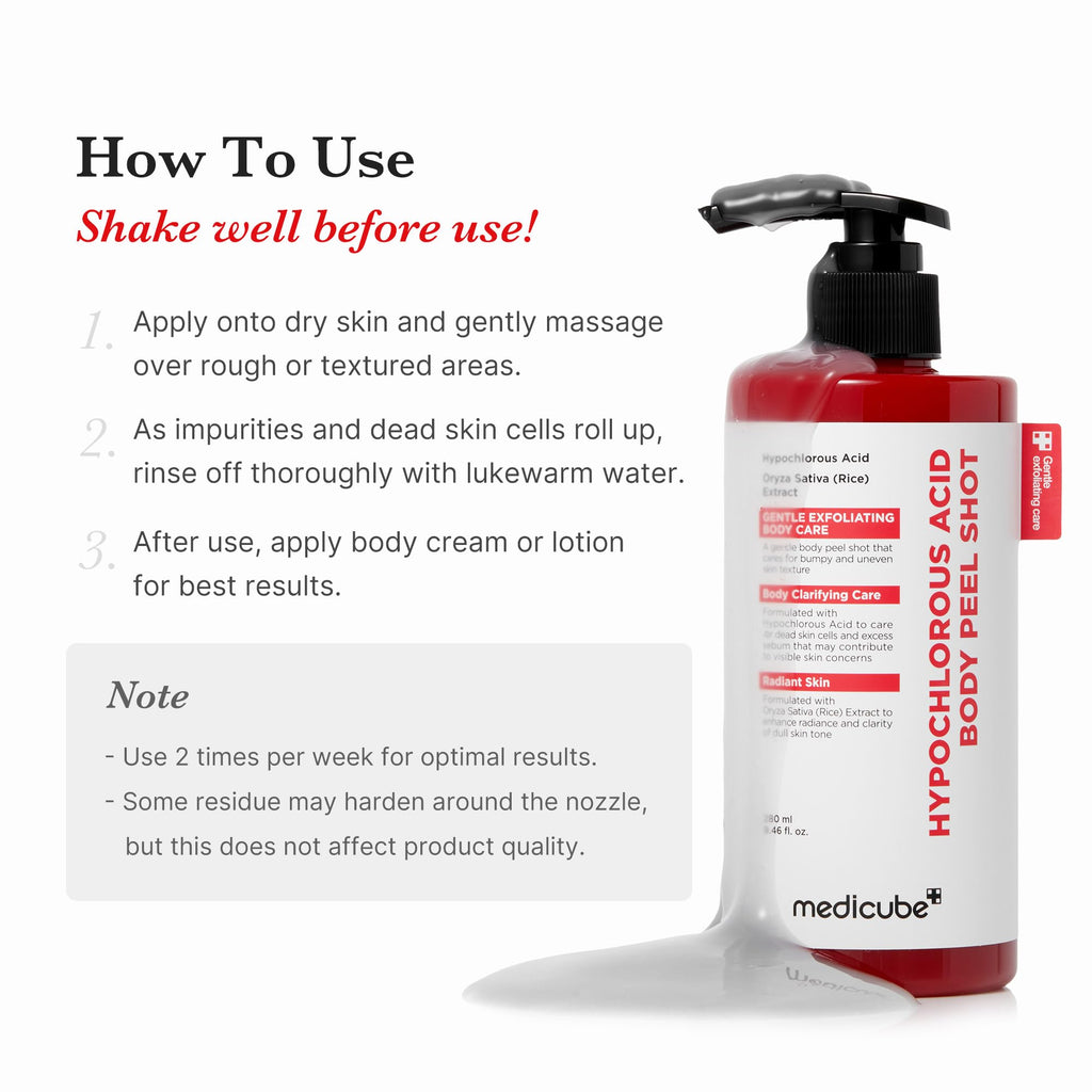 medicube Body Peel Shot with Hypochlorous Acid | Gentle Body Exfoliating Serum for Dead Skin Cells, Rough Patches & Uneven Texture | Rice Extract, Panthenol for Hydrating & Smoothing Care | 9.46 fl.oz