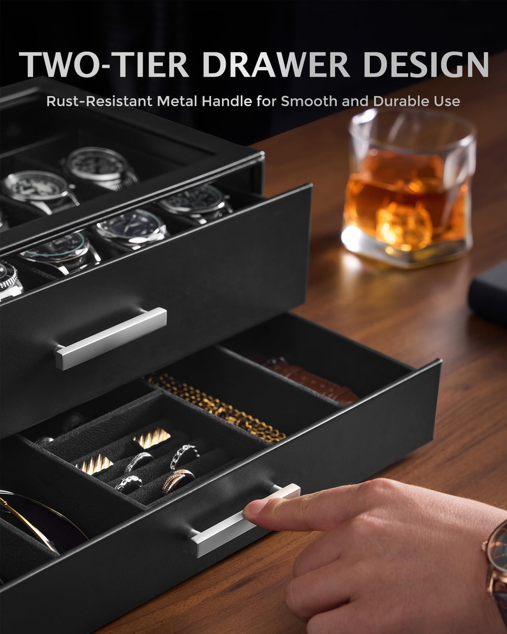 ProCase 12-Slot Watch Case for Men, 2-Tier Pull-Out Drawers Box -Black