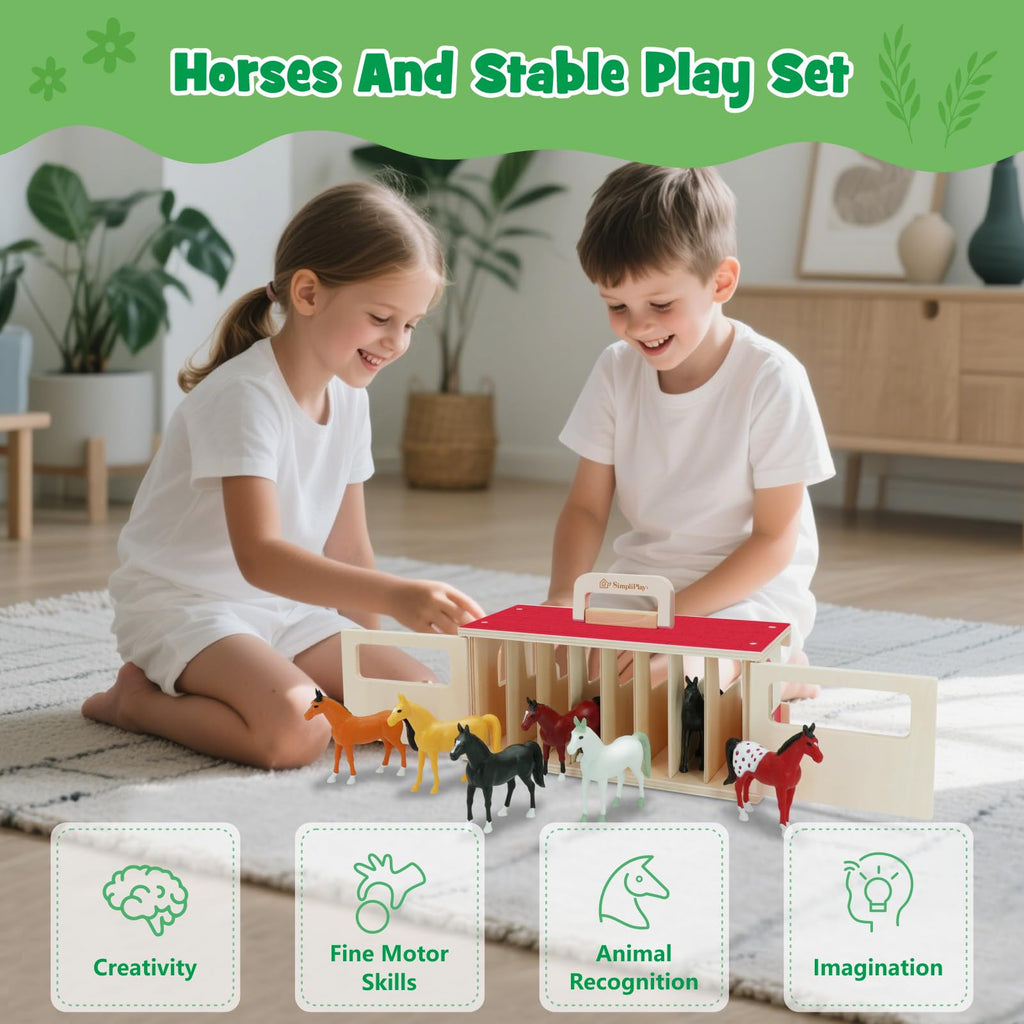 SIMPLIPLAY Wooden Horse Stable Playset, Farm Animals Toys for Kids 3-5
