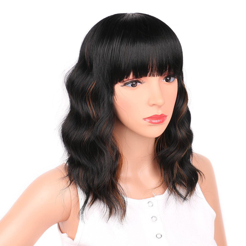 Black Mixed Brown Wig for Black Women Short Wavy Curly Bob Wig with Bangs