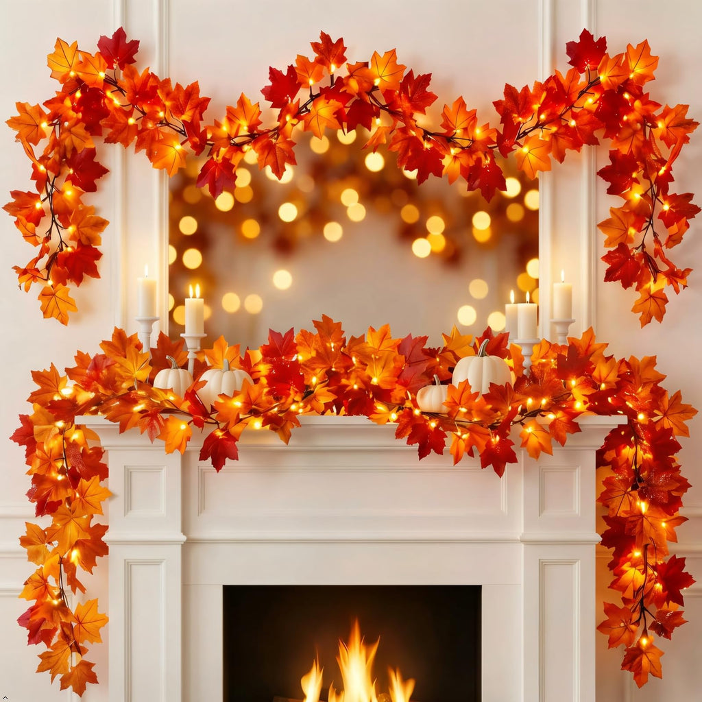 Brillarlights Fall Leaf Garland with Lights Plug in, 11FT Lighted Maple Leaf Garland with 50 Orange Bulbs, Connectable Fall Decorations for Home, Thanksgiving Halloween Mantel Stairs Porch Decor