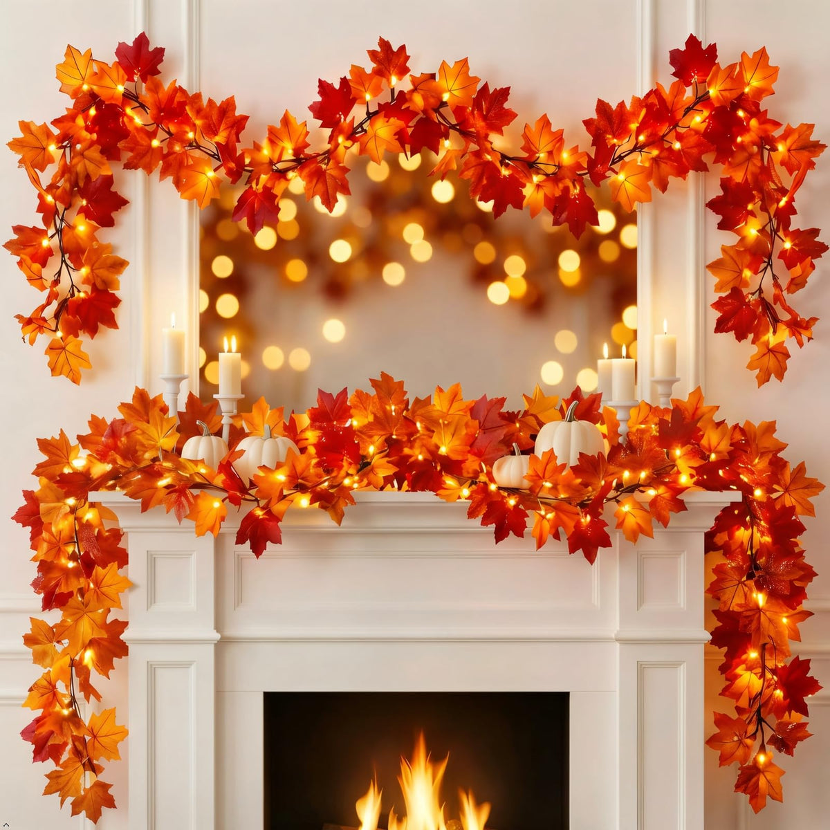 Brillarlights Fall Leaf Garland with Lights Plug in, 11FT Lighted Maple Leaf Garland with 50 Orange Bulbs, Connectable Fall Decorations for Home, Thanksgiving Halloween Mantel Stairs Porch Decor