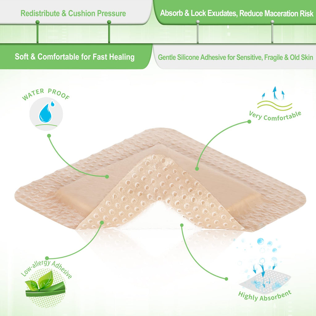 NeuHeils Silicone Foam Dressing with Gentle Border 4''x4'' for Bed Sore Leg Ulcer 20 Pack, High Absorbency Waterproof Silicone Wound Bandage