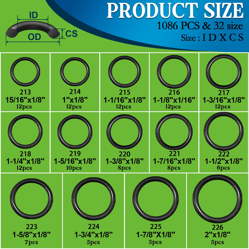 ZDBB 1086 Pcs SAE Standard O Ring Kit Nitrile Rubber O-Rings Assortment with O‘Ring Pick for Hydraulic Automotive Plumbing Faucet Seal Repair 32 Size Inch ID:1/8”-2”