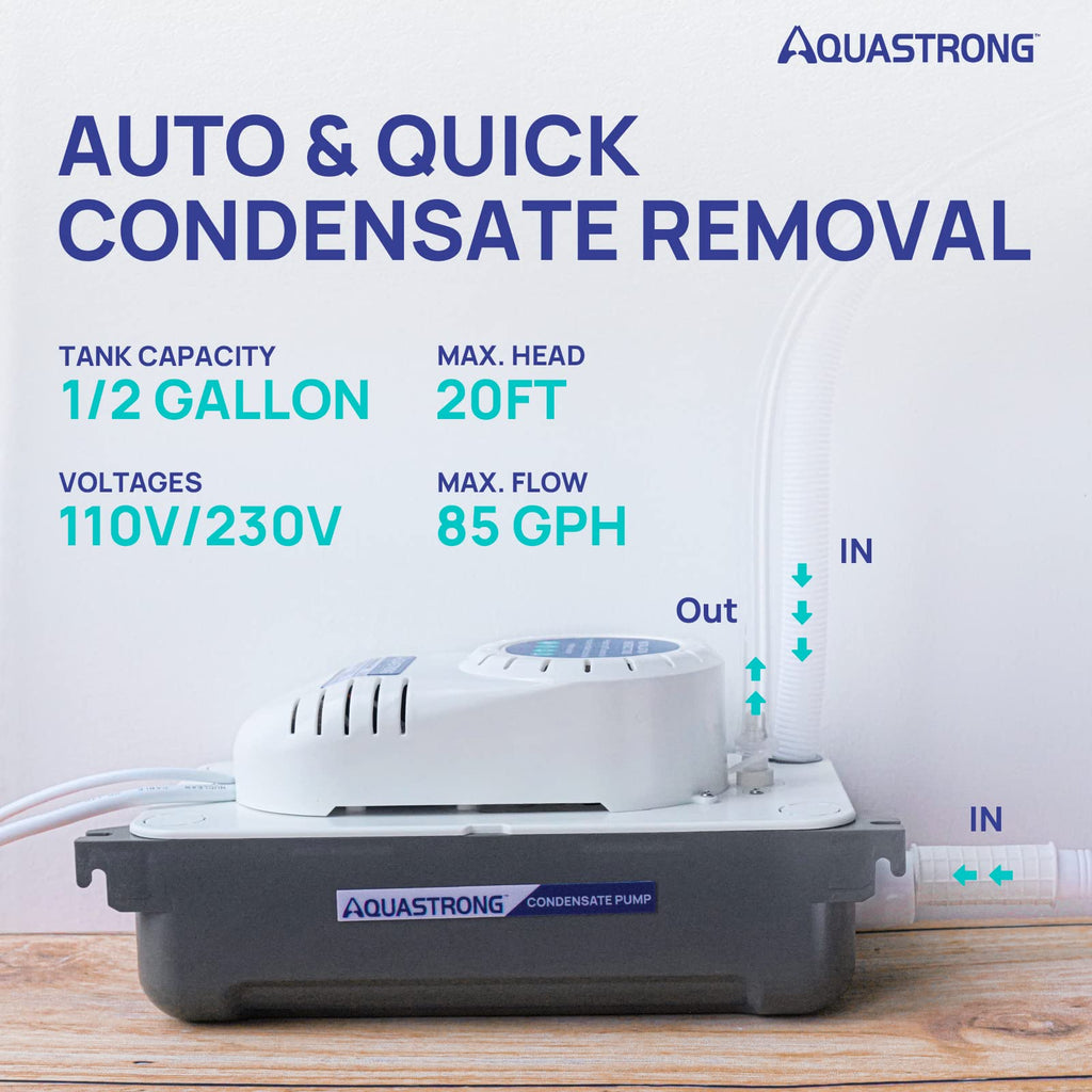 Aquastrong HVAC Condensate Pump, 115V/230V, Automatic Safety Switch, AC Condensate Removal for Air Conditioner, Furnace, Dehumidifier, 3.3' Power Cord, White