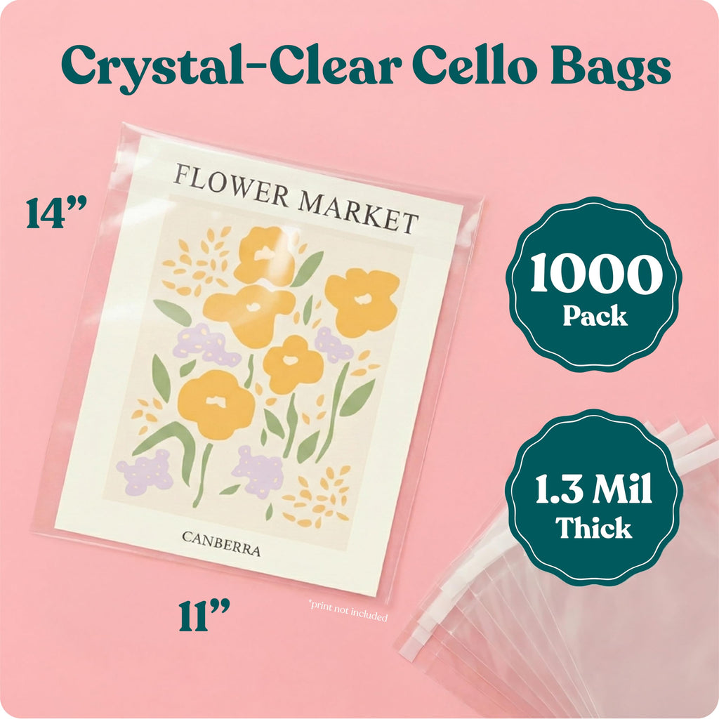 Pack It Chic - 11” X 14” Self Sealing Cellophane Bags (1000 Pack) - Resealable Adhesive Clear Bags for Gifts, 11X14 Photos, Prints, Envelopes, Documents