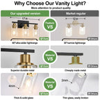 Indoi 3-Light Bathroom Light Fixtures, Black and Gold Modern Vanity Lights with Clear Glass Shades, Bathroom Wall Lamp for Mirror Living Room Cabinet Bedroom Porch
