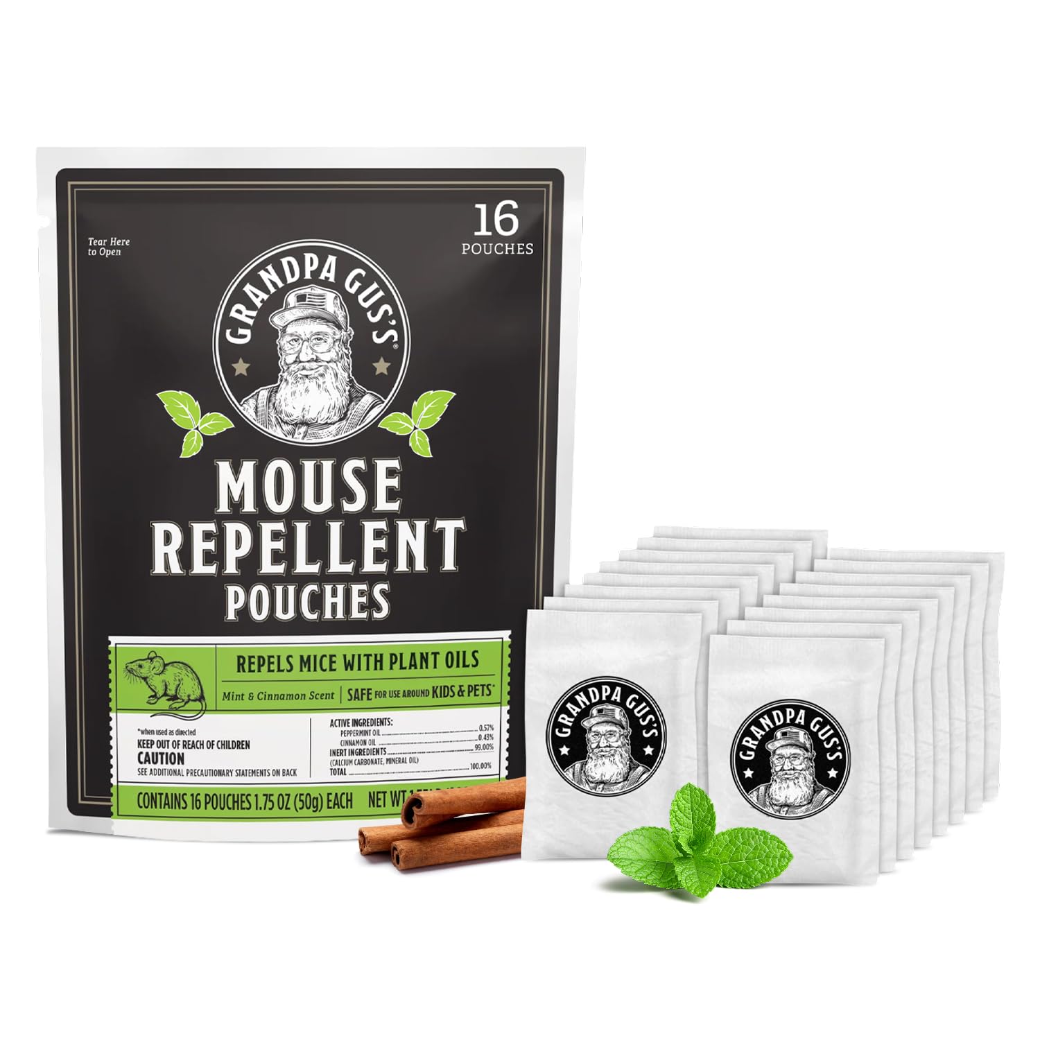 Grandpa Gus's Natural Mouse Repellent Pouches, Cinnamon/Peppermint Oils Repel Mice from Nesting in Home/Cabin/Boat/Car Storage/RV/Machinery/Shed (16 Pouches)