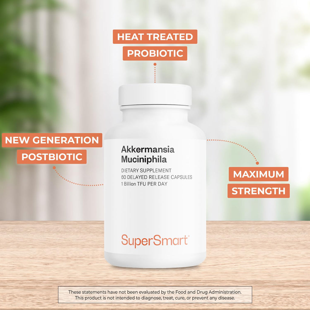 Supersmart Akkermansia Muciniphila 1 Billion TFU per Day (Pasteurized Probiotic) - Enhanced Absorption - Postbiotic Supplement | Non-GMO & Gluten Free - 60 Delayed Release Capsules