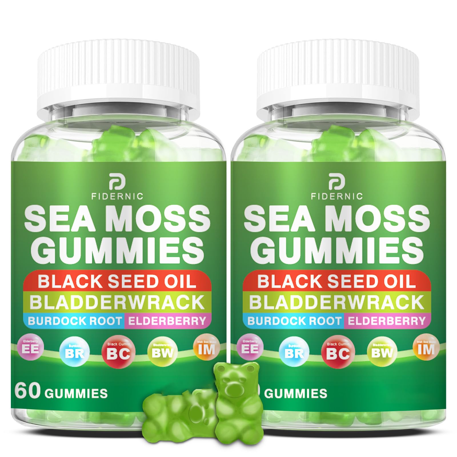Sea Moss Gummies – Irish Sea Moss with Elderberry & Black Seed Oil, Bladderwrack, Burdock Root for Immune & Detox Support, Vegan Green Apple Flavor Gummies for Adults, Kids, Men, Women - 120 Gummies