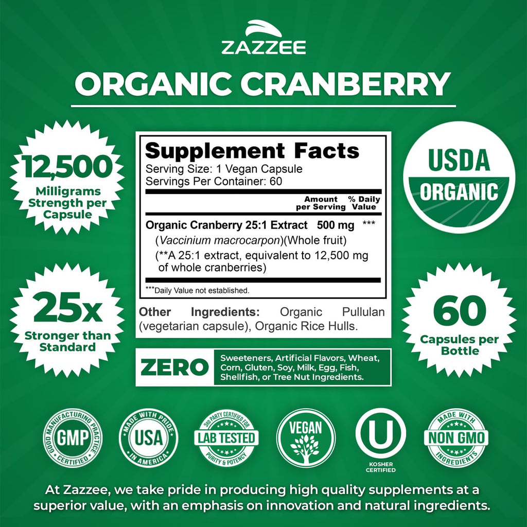 Zazzee USDA Organic Cranberry 25:1 Extract, 500 mg per Capsule, 60 Vegan Capsules, 2 Month Supply, Certified Kosher, Standardized, Concentrated 25X Extract, 100% Vegetarian, Non-GMO, Made in The USA