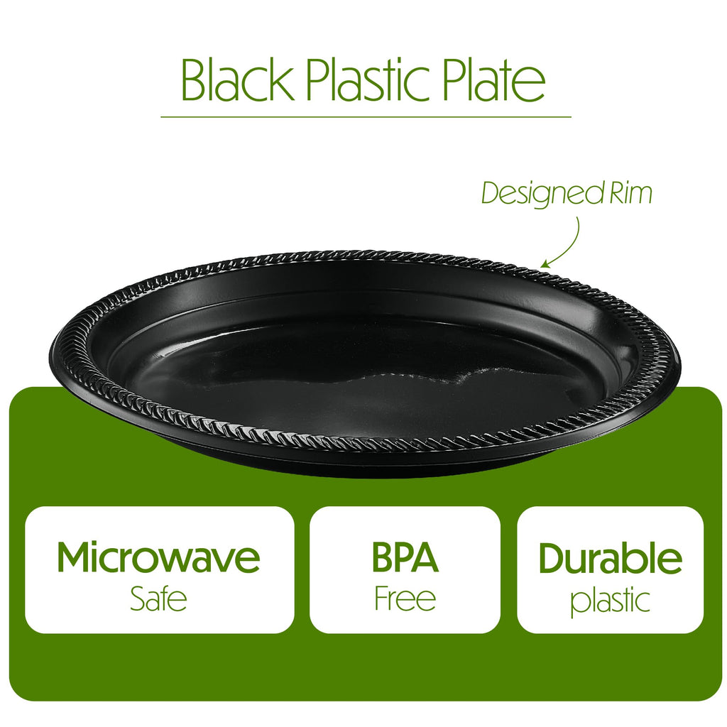 PLASTICPRO 200 PCS Black Plastic Plates Light Weight 10'' Inch Plastic Dinner Plates Black Plates Disposable for Party and Wedding