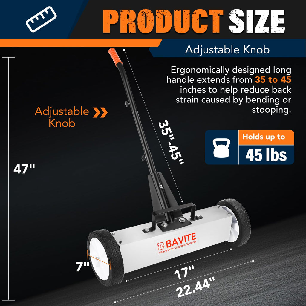 E BAVITE 45Lbs Nail Magnetic Sweeper,17 Inches Heavy Duty Telescopic Magnet Broom Large Rolling Nail Finder Magnet Tools with Wheels Cleanup and Long Adjustable Handle for Yard