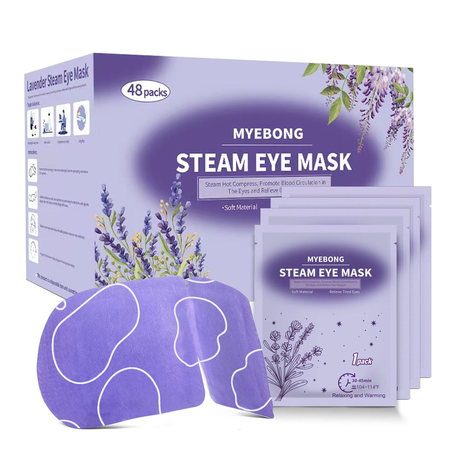 MYEBONG 48 Packs Steam Eye Mask for Eyes, Warm Compress Eye Mask, Self Heating Eye Masks Help for Eye Spa, Disposable Heated Eyes Mask for Sleeping Relief Stress Eye Fatigue(Lavender)