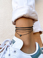 FindChic Cuban Link Anklets for Women Black Ankle Bracelets Waterproof Herringbone Chain Layered Foot Jewelry